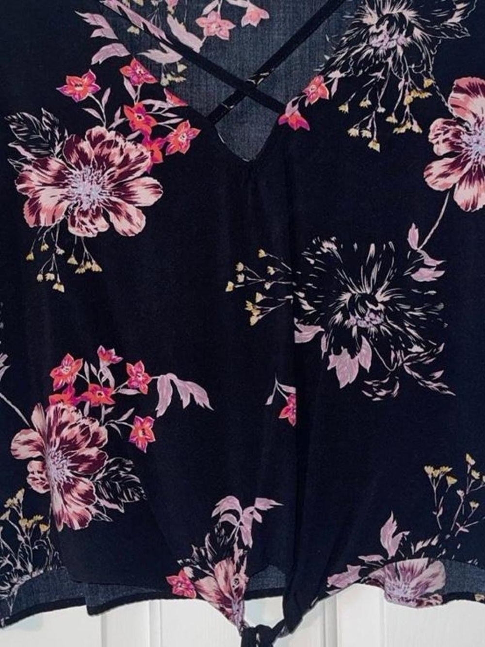 Mudd Black Top with Pink Floral Trim